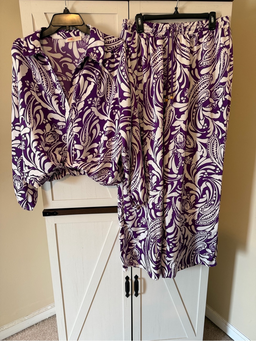 Purple and White Paisley Wide Leg Pants Set